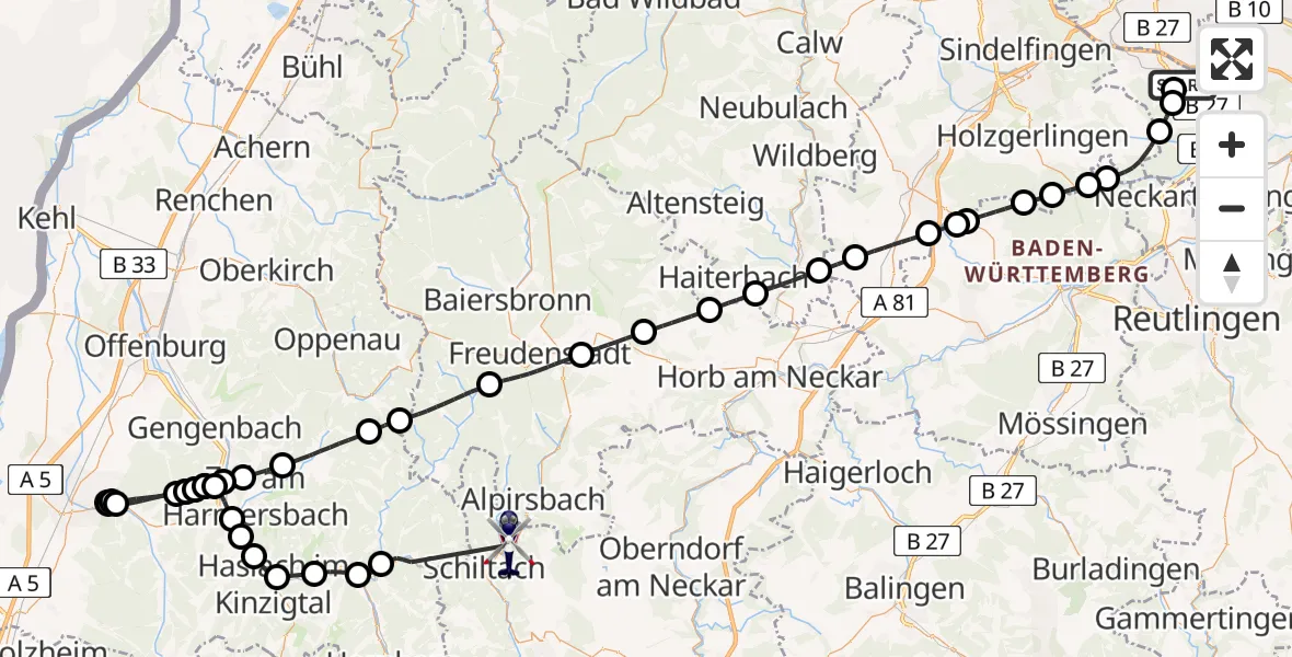 Flugroute Polizeihubschrauber Flughafen Stuttgart - Schenkenzell, 06 Mai 2026, 06:40