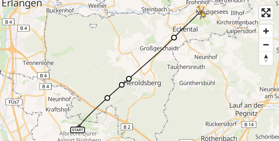 Flugroute Rettungshubschrauber Flughafen Nuremberg - Eckental, 06 Mai 2026, 06:55