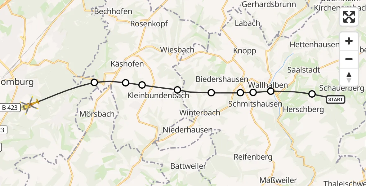 Flugroute Rettungshubschrauber Schauerberg - Homburg, 06 Mai 2026, 06:56