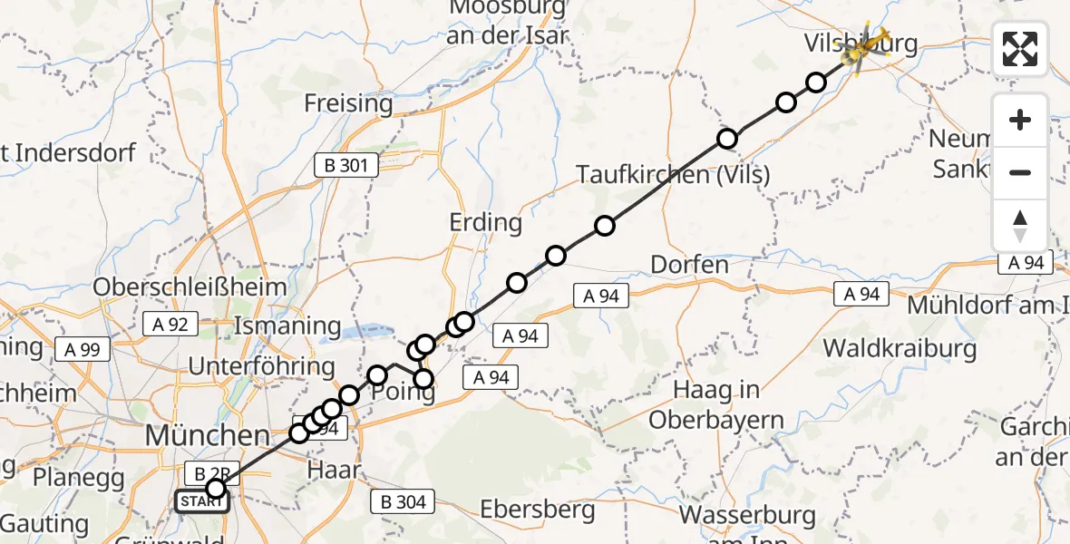 Flugroute Rettungshubschrauber Perlacher Forst - Vilsbiburg, 06 Mai 2026, 06:57