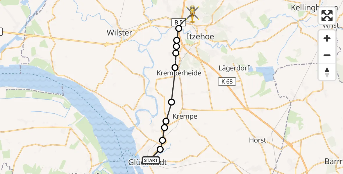 Flugroute Rettungshubschrauber Glückstadt - Itzehoe, 06 Mai 2026, 07:10