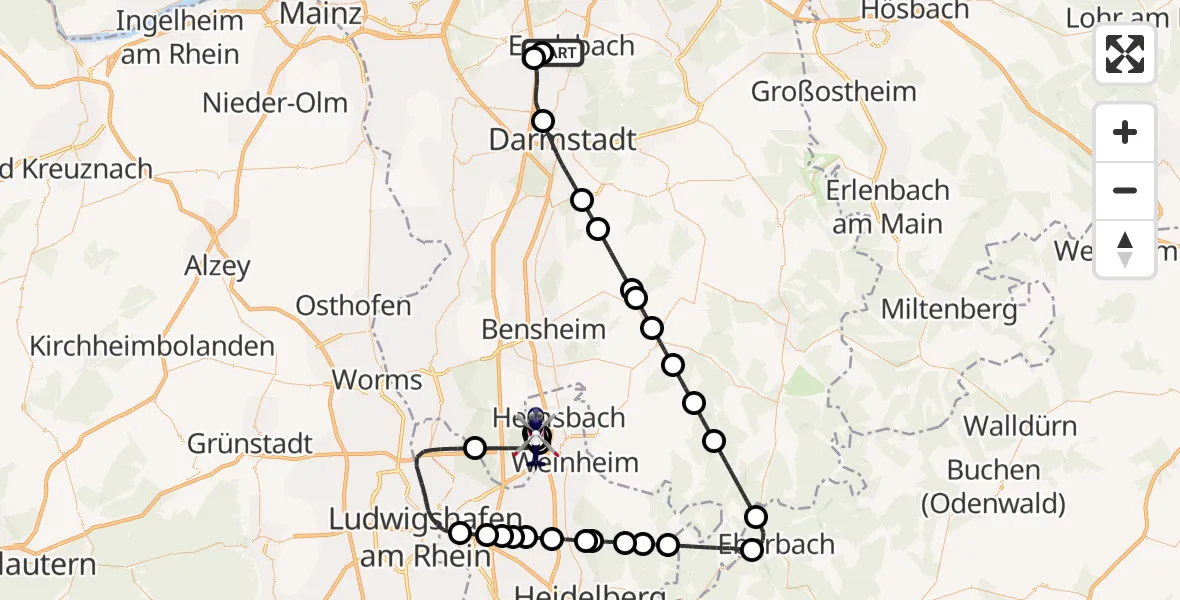 Flugroute Polizeihubschrauber Flughafen Frankfurt-Egelsbach - Weinheim/Bergstraße Flugplatz, 06 Mai 2026, 07:14