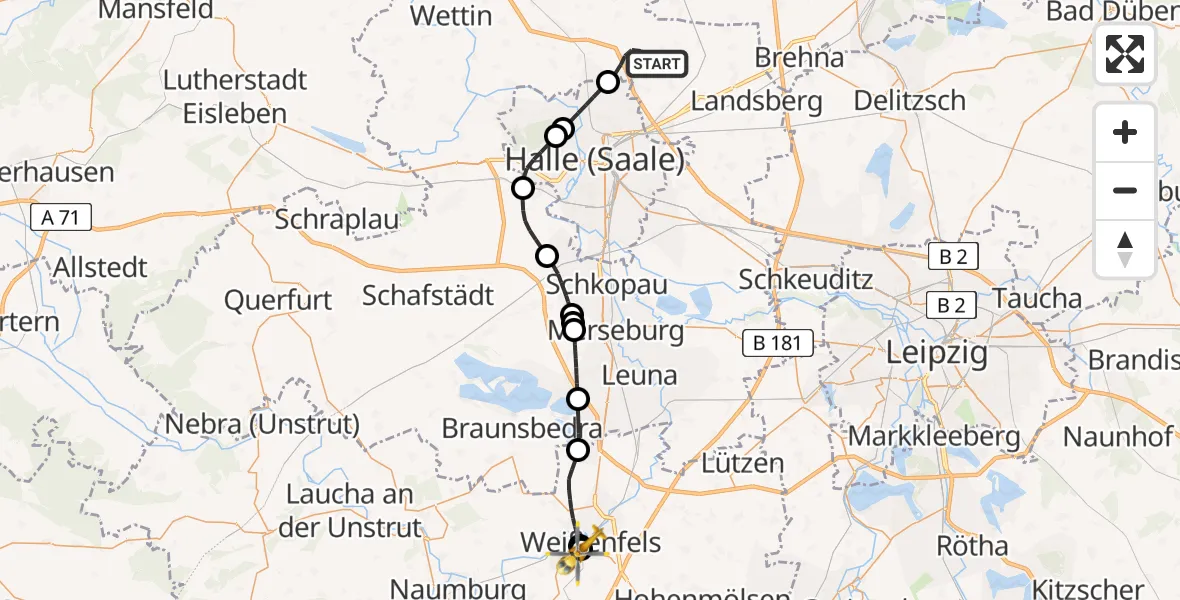 Flugroute Rettungshubschrauber Landsberg - Asklepios Clinic Weißenfels, 06 Mai 2026, 07:14