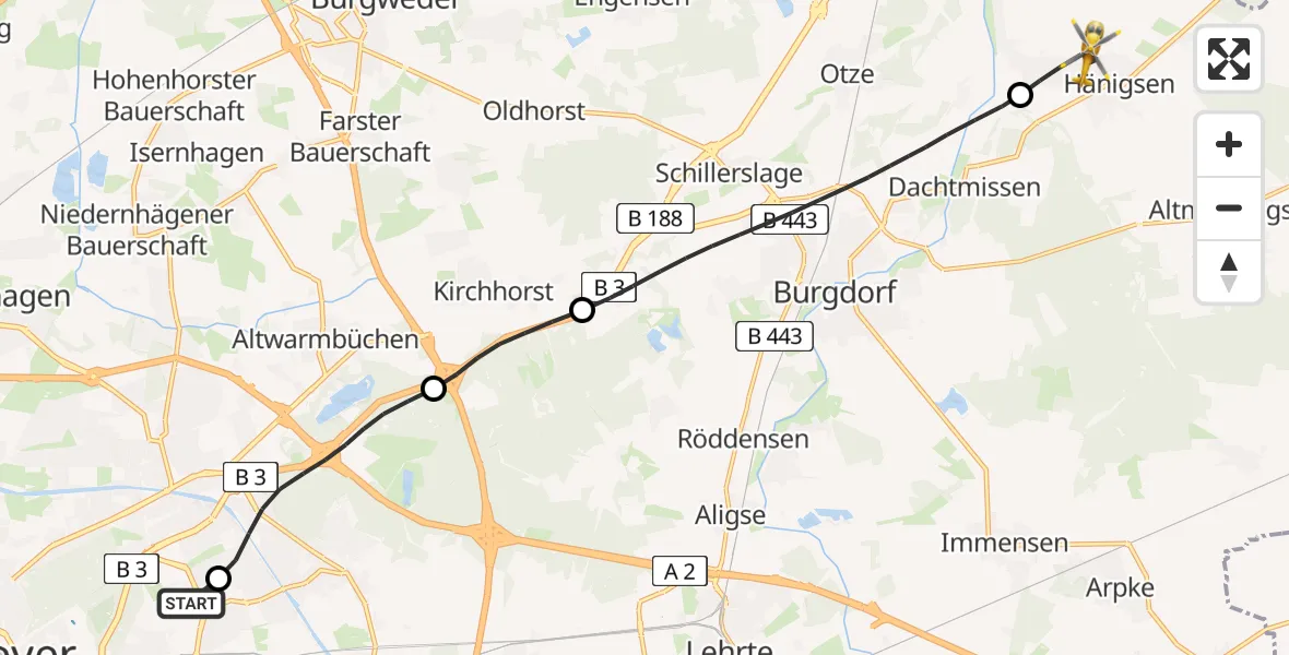 Flugroute Rettungshubschrauber Hannover Luftrettung Hubschrauberlandeplatz (Christoph 4) - Uetze, 06 Mai 2026, 07:17