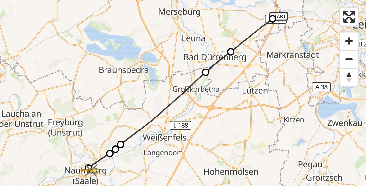 Flugroute Rettungshubschrauber ADAC Air Rescue Station Leipzig/Schkeuditz-Dölzig Hubschrauberlandeplatz (Christoph 61) - Naumburg Hospital, 06 Mai 2026, 07:19