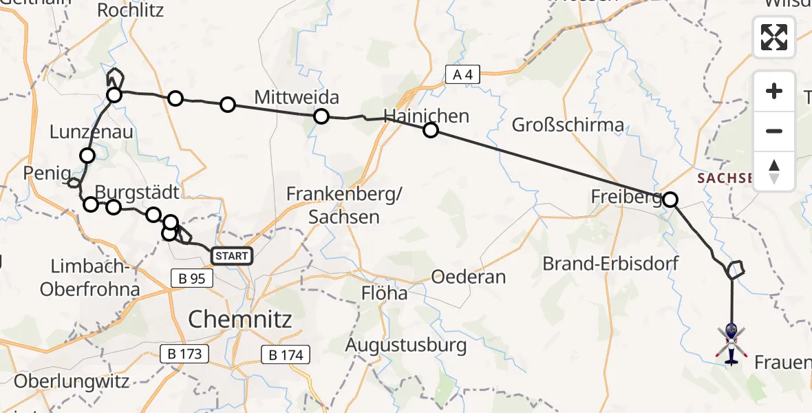 Flugroute Polizeihubschrauber Chemnitz - Lichtenberg/Erzgeb., 06 Mai 2026, 07:23