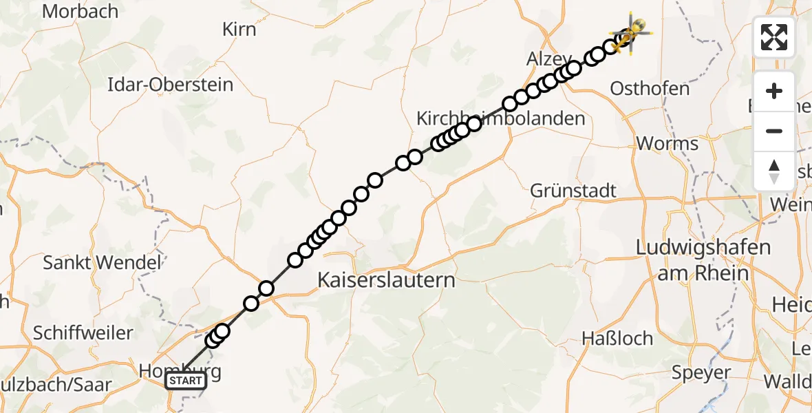 Flugroute Rettungshubschrauber Homburg - Wintersheim, 06 Mai 2026, 07:25
