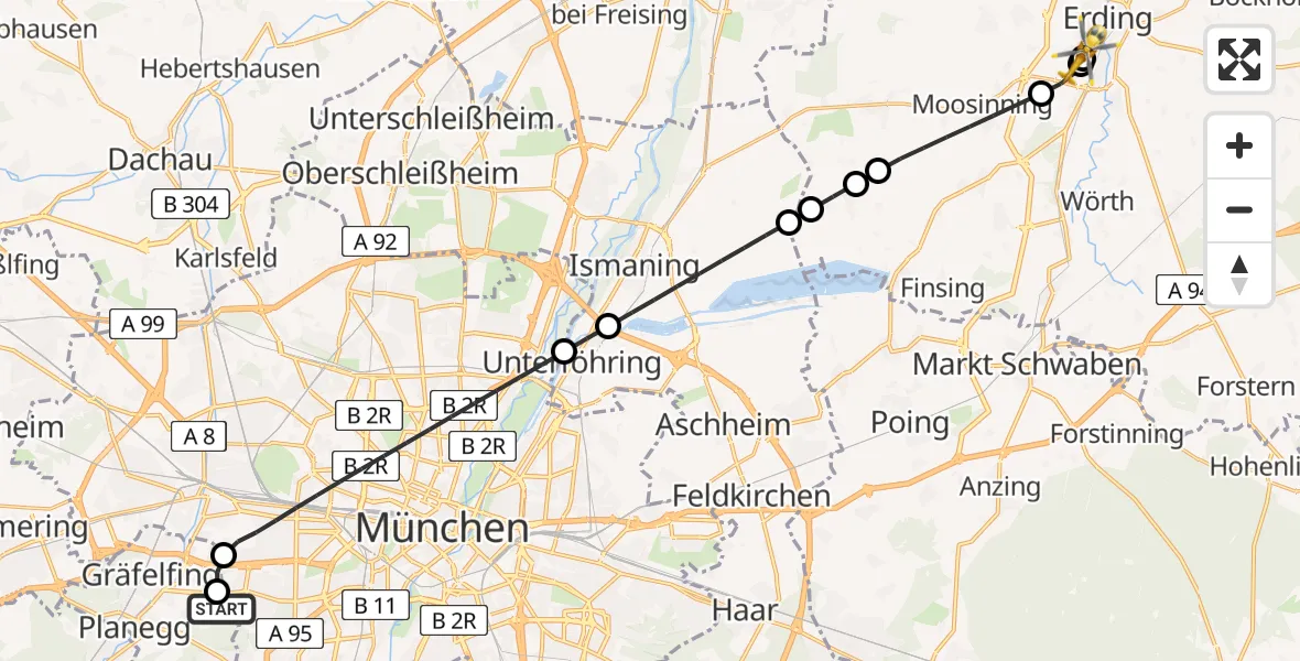 Flugroute Rettungshubschrauber DRF Air Rescue München Hubschrauberlandeplatz - Erding District Hospital, 06 Mai 2026, 07:29