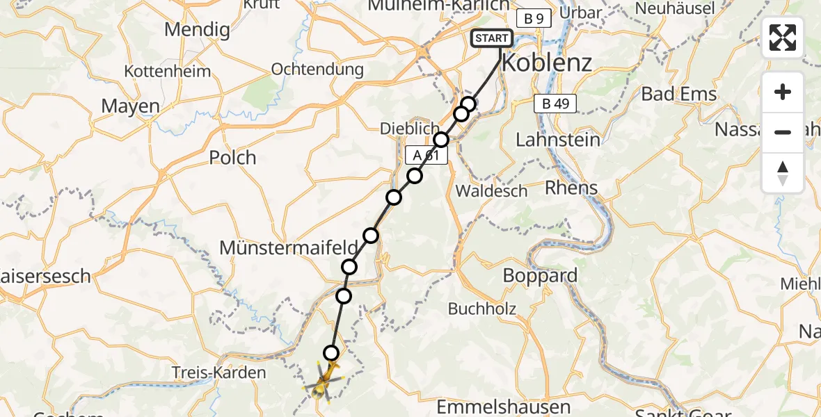 Flugroute Rettungshubschrauber Koblenz - Macken, 06 Mai 2026, 07:37
