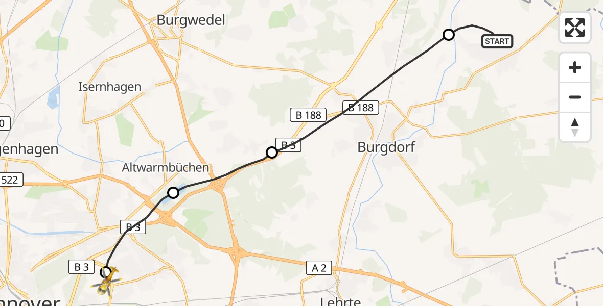 Flugroute Rettungshubschrauber Uetze - Hannover Luftrettung Hubschrauberlandeplatz (Christoph 4), 06 Mai 2026, 07:41