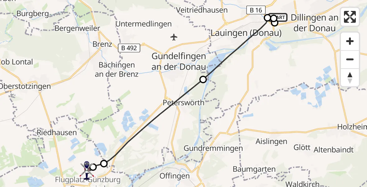 Flugroute Polizeihubschrauber Dillingen a.d.Donau - Günzburg-Donauried Flugplatz, 06 Mai 2026, 07:42