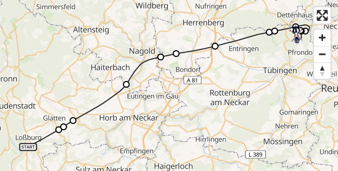 Flugroute Polizeihubschrauber Loßburg - Tübingen, 06 Mai 2026, 07:42