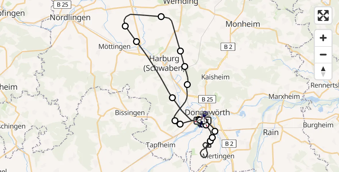 Flugroute Polizeihubschrauber Donauwörth Hubschrauberlandeplatz - Donauwörth Hubschrauberlandeplatz, 06 Mai 2026, 07:52