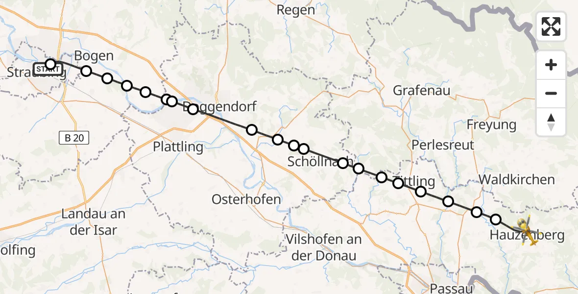 Flugroute Rettungshubschrauber Sankt Elisabeth Hospital Straubing - Hauzenberg, 06 Mai 2026, 07:55
