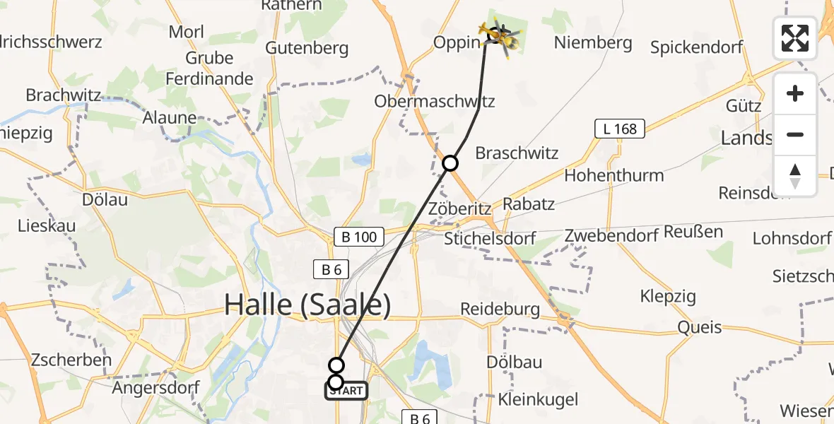 Flugroute Rettungshubschrauber BG Hospital Bergmannstrost Halle - Halle-Oppin Flugplatz, 06 Mai 2026, 07:57