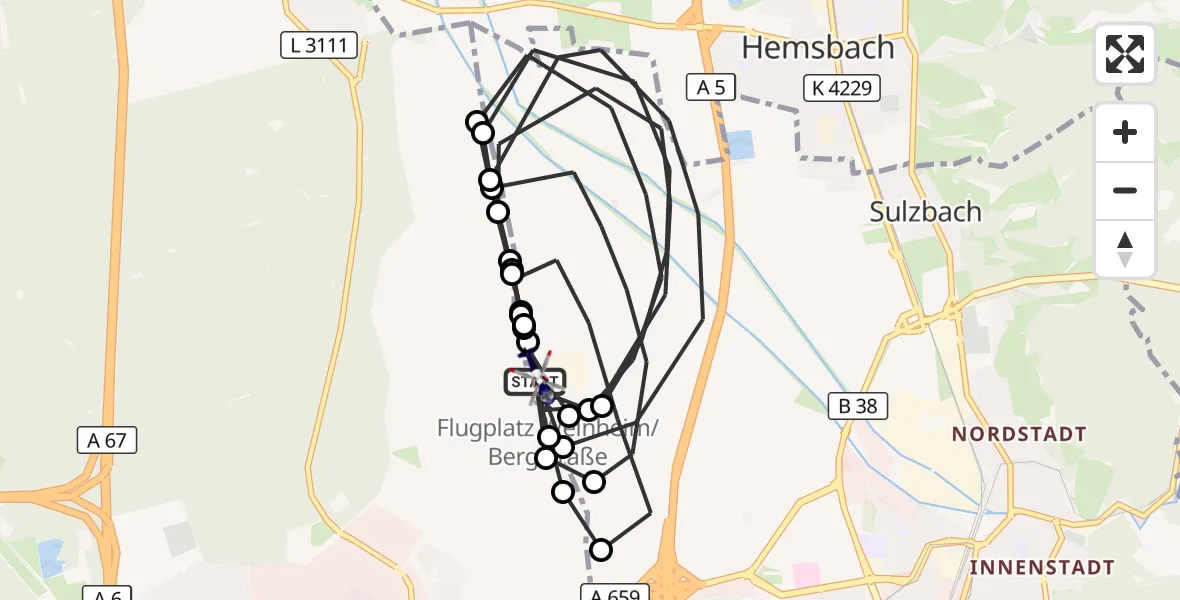 Flugroute Polizeihubschrauber Weinheim/Bergstraße Flugplatz - Weinheim/Bergstraße Flugplatz, 06 Mai 2026, 08:20