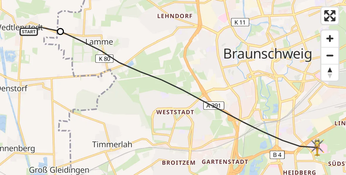 Flugroute Rettungshubschrauber Vechelde - Braunschweig, 06 Mai 2026, 08:21
