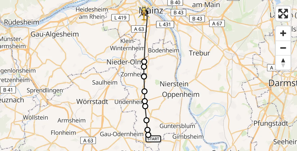 Flugroute Rettungshubschrauber Wintersheim - Mainz University Hospital, 06 Mai 2026, 08:22