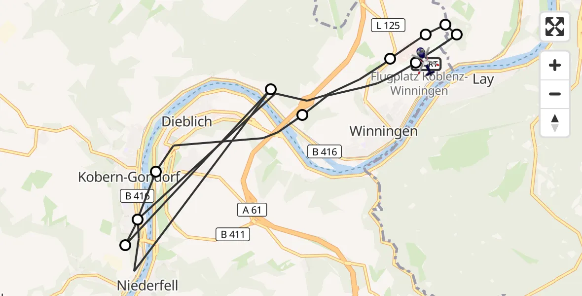Flugroute Polizeihubschrauber Koblenz-Winningen Flugplatz - Koblenz-Winningen Flugplatz, 06 Mai 2026, 08:26