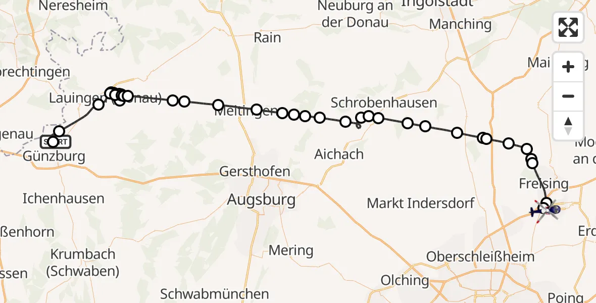 Flugroute Polizeihubschrauber Günzburg-Donauried Flugplatz - Hallbergmoos, 06 Mai 2026, 08:30