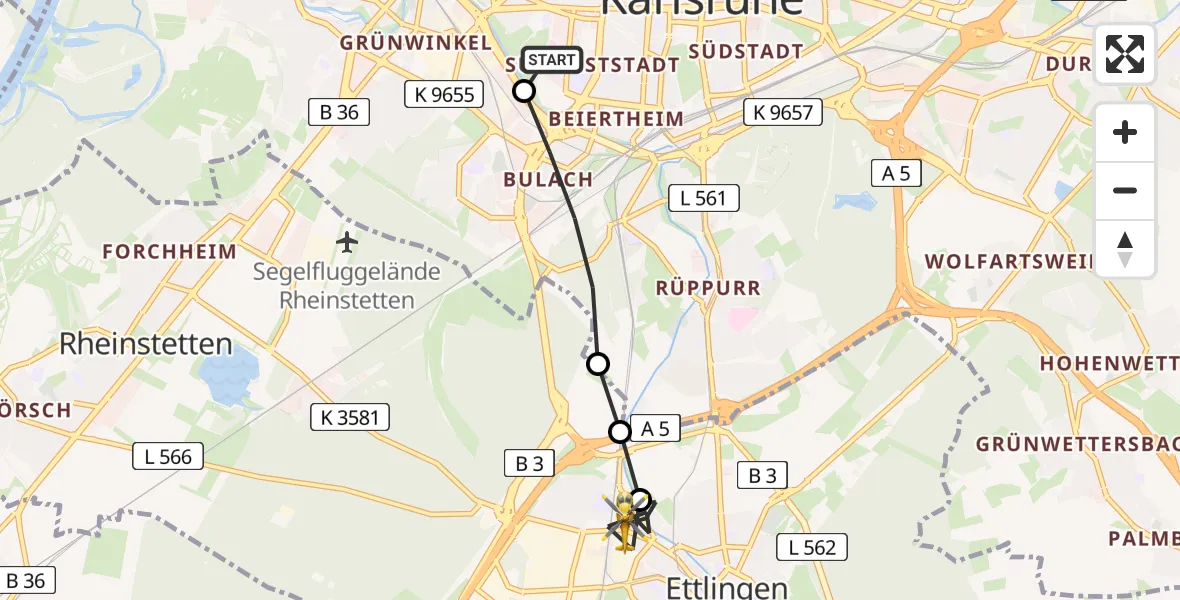 Flugroute Rettungshubschrauber Sankt Vincentius Hospital - Ettlingen, 06 Mai 2026, 08:41