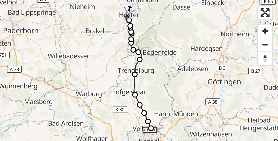 Flugroute Polizeihubschrauber Fuldatal Bundespolizei Hubschrauberlandeplatz - Höxter, 06 Mai 2026, 08:44