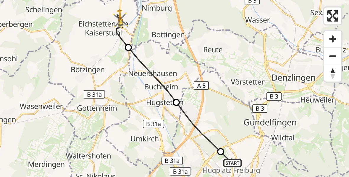 Flugroute Rettungshubschrauber Freiburg im Breisgau Flugplatz - Eichstetten am Kaiserstuhl, 06 Mai 2026, 08:52