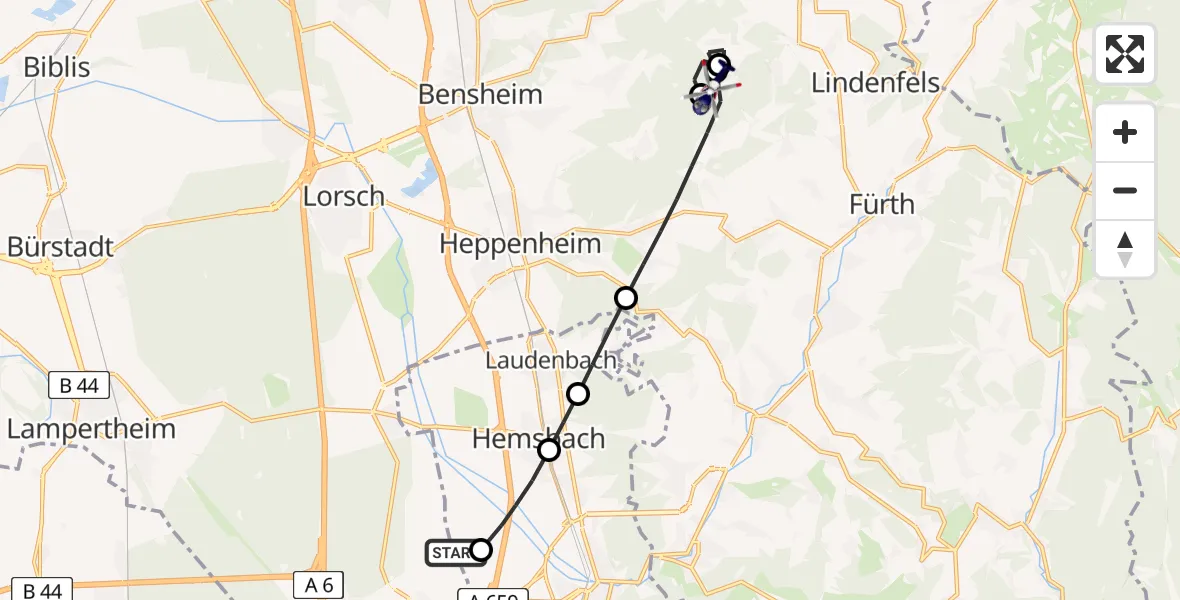 Flugroute Polizeihubschrauber Weinheim/Bergstraße Flugplatz - Lautertal (Odenwald), 06 Mai 2026, 08:55