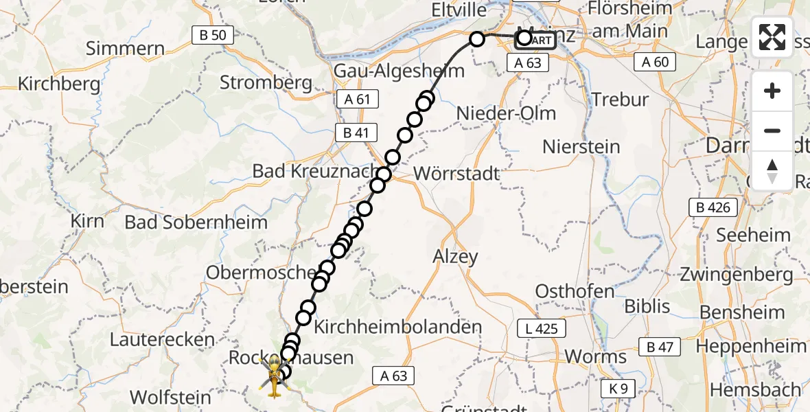 Flugroute Rettungshubschrauber Mainz University Hospital - Imsweiler UL, 06 Mai 2026, 08:56