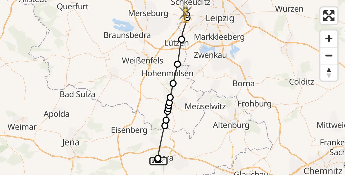 Flugroute Rettungshubschrauber SRH Wald-Klinikum Gera Hospital - ADAC Air Rescue Station Leipzig/Schkeuditz-Dölzig Hubschrauberlandeplatz (Christoph 61), 06 Mai 2026, 08:58