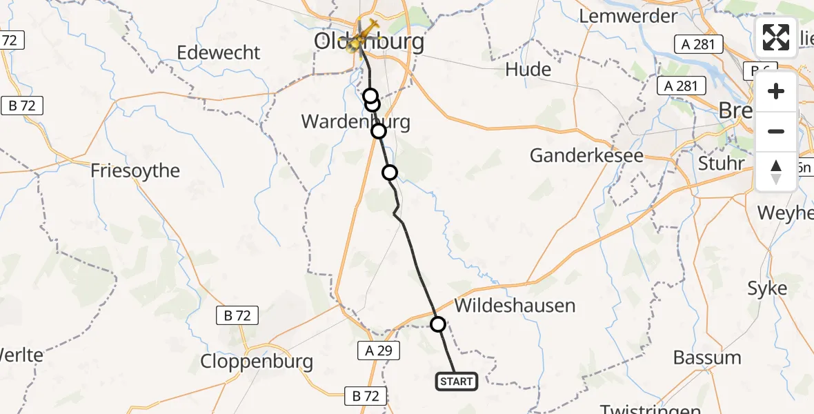 Flugroute Rettungshubschrauber Visbek - Oldenburg (Oldb), 06 Mai 2026, 08:58