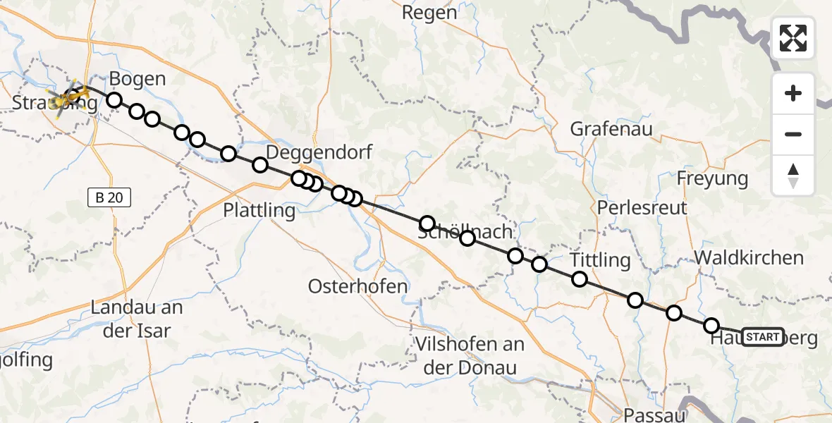 Flugroute Rettungshubschrauber Hauzenberg - Sankt Elisabeth Hospital Straubing, 06 Mai 2026, 09:02