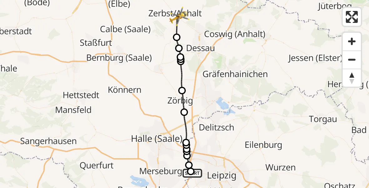 Flugroute Rettungshubschrauber ADAC Air Rescue Station Leipzig/Schkeuditz-Dölzig Hubschrauberlandeplatz (Christoph 61) - Zerbst/Anhalt, 06 Mai 2026, 09:05