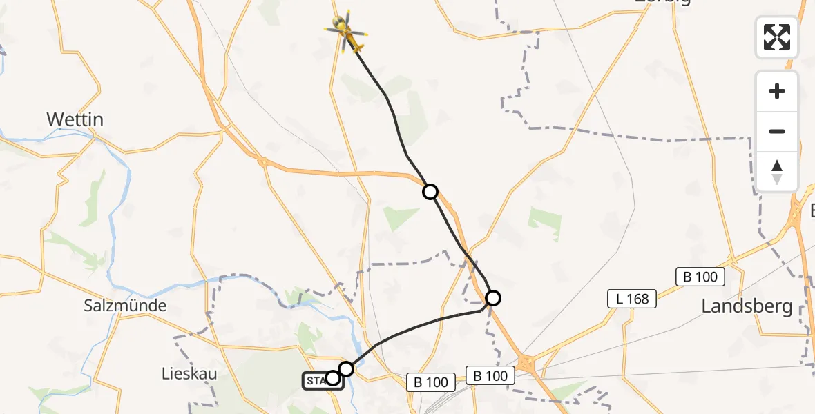 Flugroute Rettungshubschrauber Halle (Saale) University Hospital - Petersberg, 06 Mai 2026, 09:20
