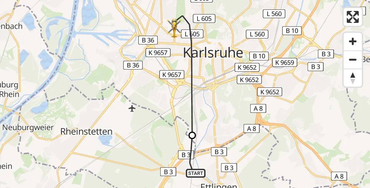 Flugroute Rettungshubschrauber Ettlingen - Karlsruhe, 06 Mai 2026, 09:21
