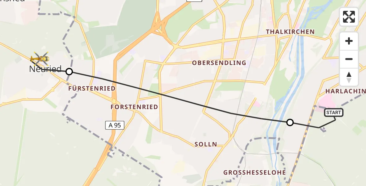 Flugroute Rettungshubschrauber ADAC Air Rescue Center Hubschrauberlandeplatz (Christoph 1) - Neuried, 06 Mai 2026, 09:23