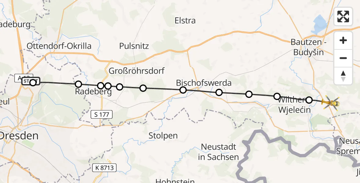 Flugroute Rettungshubschrauber Dresden Flughafen - Cunewalde, 06 Mai 2026, 09:26