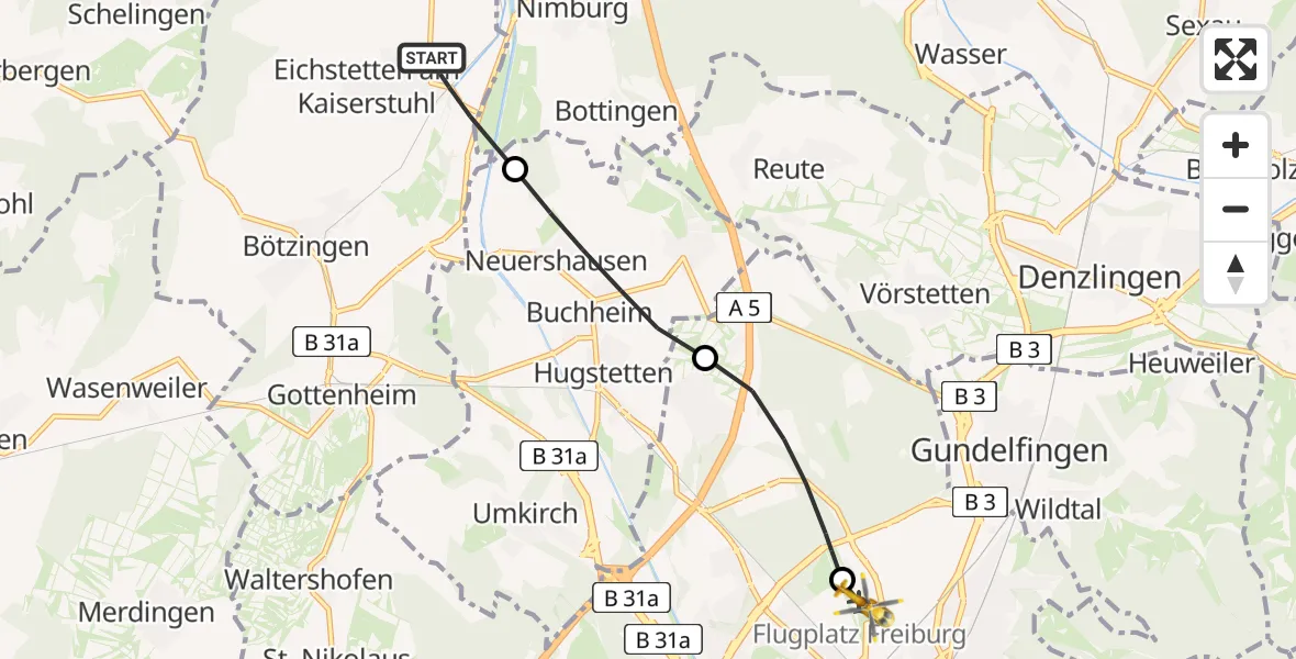 Flugroute Rettungshubschrauber Eichstetten am Kaiserstuhl - Freiburg im Breisgau Flugplatz, 06 Mai 2026, 09:40