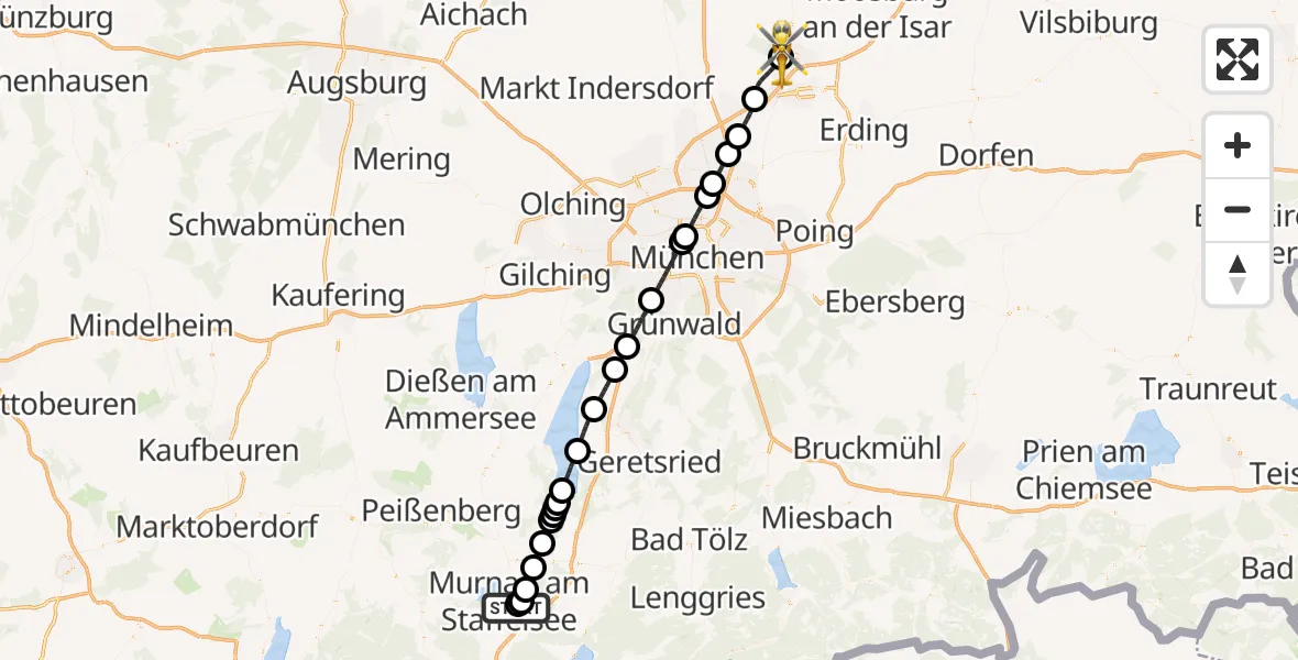 Flugroute Rettungshubschrauber Murnau Accident Hospital - Freising Clinic Hubschrauberlandeplatz, 06 Mai 2026, 09:41