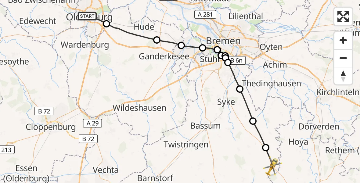 Flugroute Rettungshubschrauber Oldenburg (Oldb) - Asendorf, 06 Mai 2026, 09:46