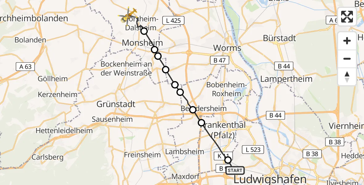 Flugroute Rettungshubschrauber Ludwigshafen am Rhein - Flörsheim-Dalsheim, 06 Mai 2026, 09:48