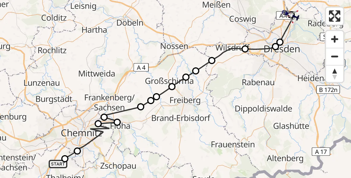 Flugroute Polizeihubschrauber Jahnsdorf/Erzgeb. - Dresden Bundespolizei Hubschrauberlandeplatz, 06 Mai 2026, 09:49
