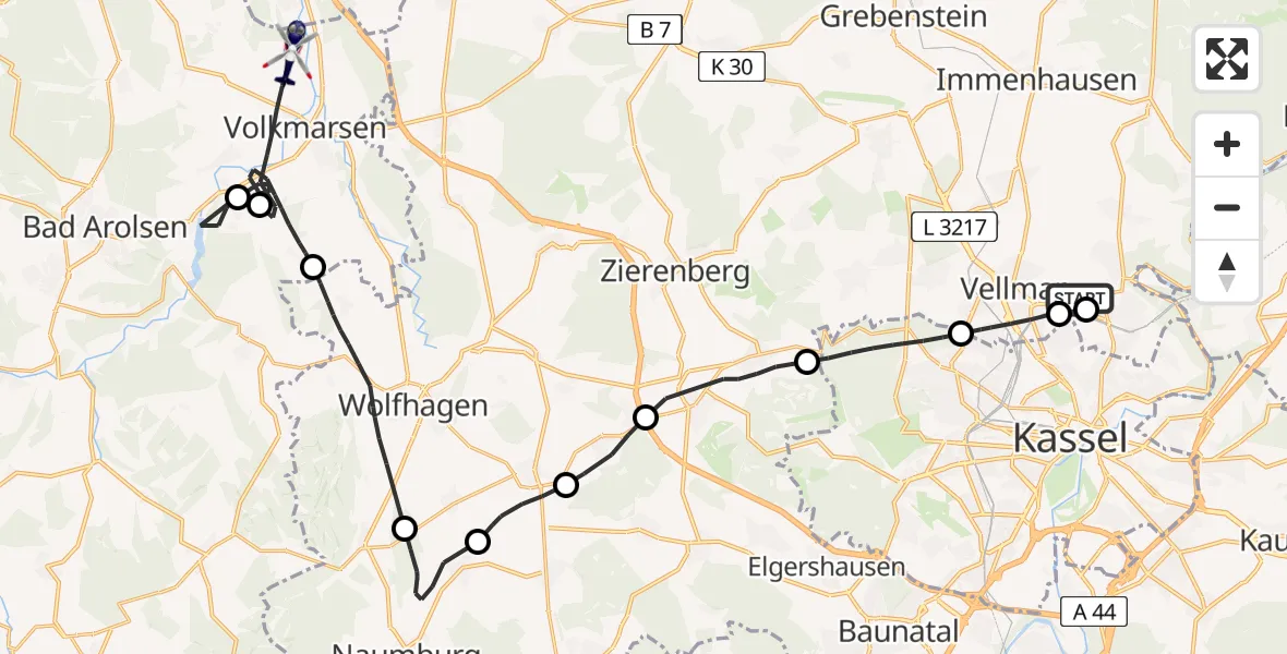 Flugroute Polizeihubschrauber Fuldatal Bundespolizei Hubschrauberlandeplatz - Volkmarsen, 06 Mai 2026, 09:51