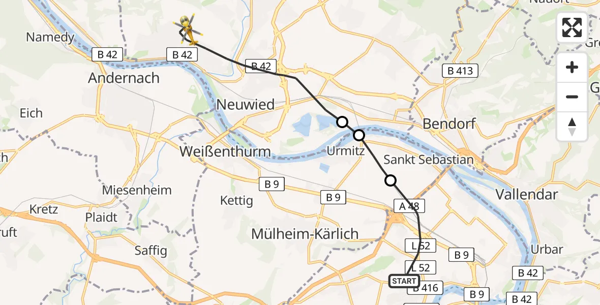Flugroute Rettungshubschrauber Koblenz - Neuwied, 06 Mai 2026, 10:02