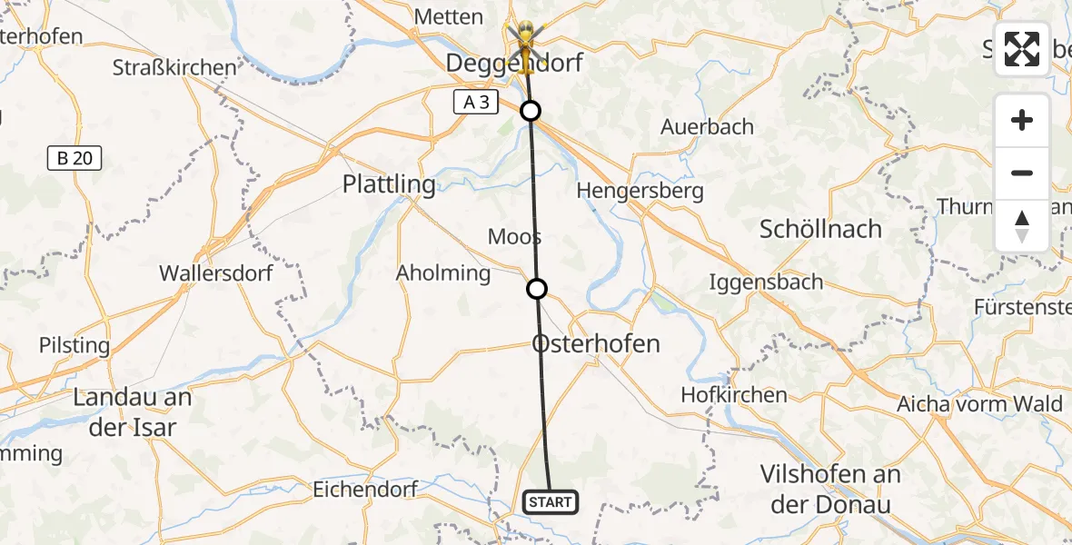 Flugroute Rettungshubschrauber Osterhofen - Deggendorf, 06 Mai 2026, 10:04