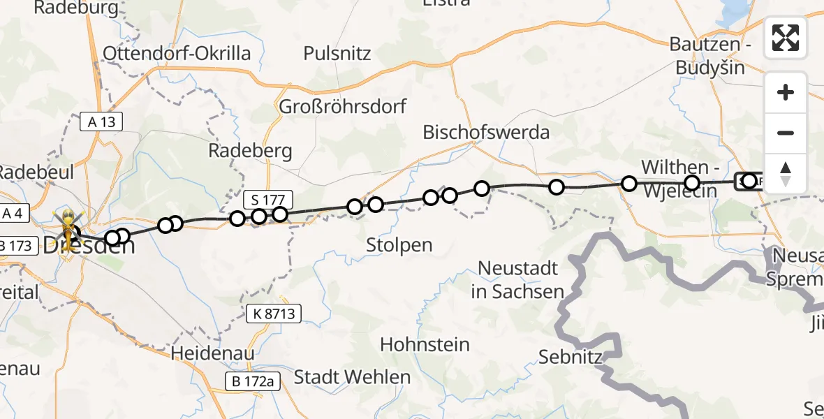 Flugroute Rettungshubschrauber Cunewalde - Dresden Friedrichstadt Hospital, 06 Mai 2026, 10:05