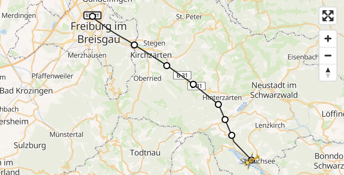 Flugroute Rettungshubschrauber Freiburg im Breisgau Flugplatz - Schluchsee, 06 Mai 2026, 10:05