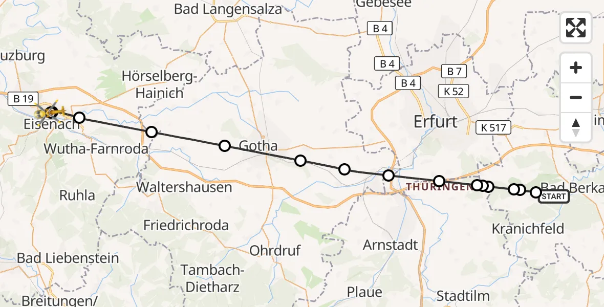 Flugroute Ambulanzhubschrauber Bad Berka - Sankt Georg Hospital Eisenach, 06 Mai 2026, 10:07