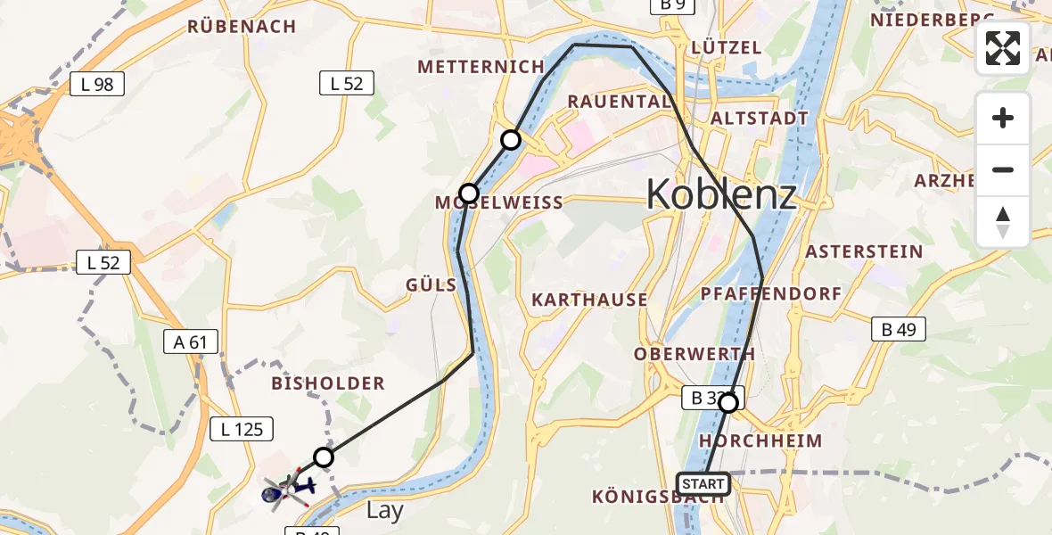 Flugroute Polizeihubschrauber Lahnstein - Koblenz-Winningen Flugplatz, 06 Mai 2026, 10:10