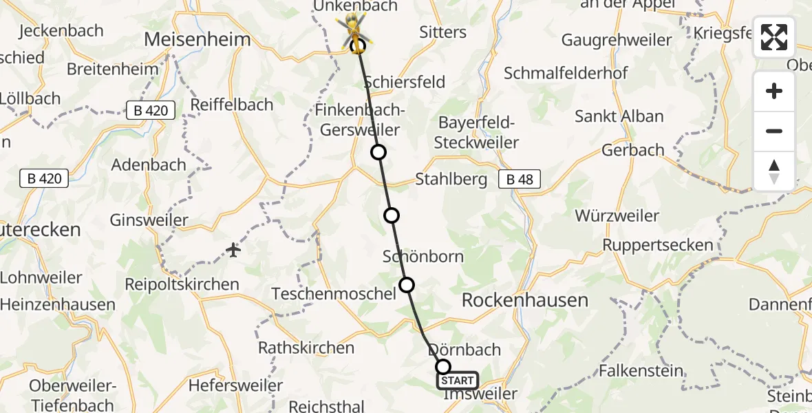 Flugroute Rettungshubschrauber Imsweiler UL - Unkenbach, 06 Mai 2026, 10:14